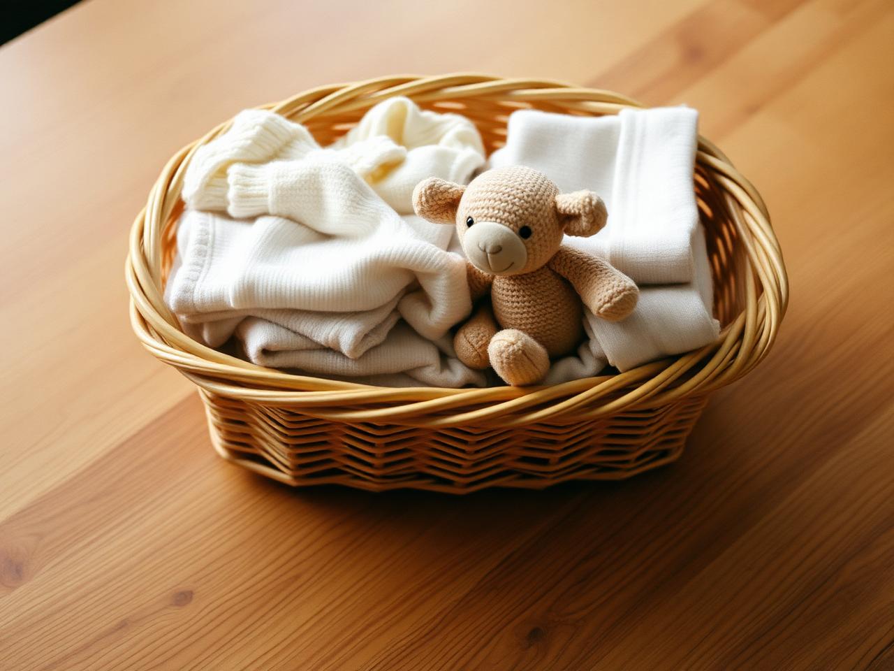 Panier de vêtements de bébé soigneusement pliés avec un doudou