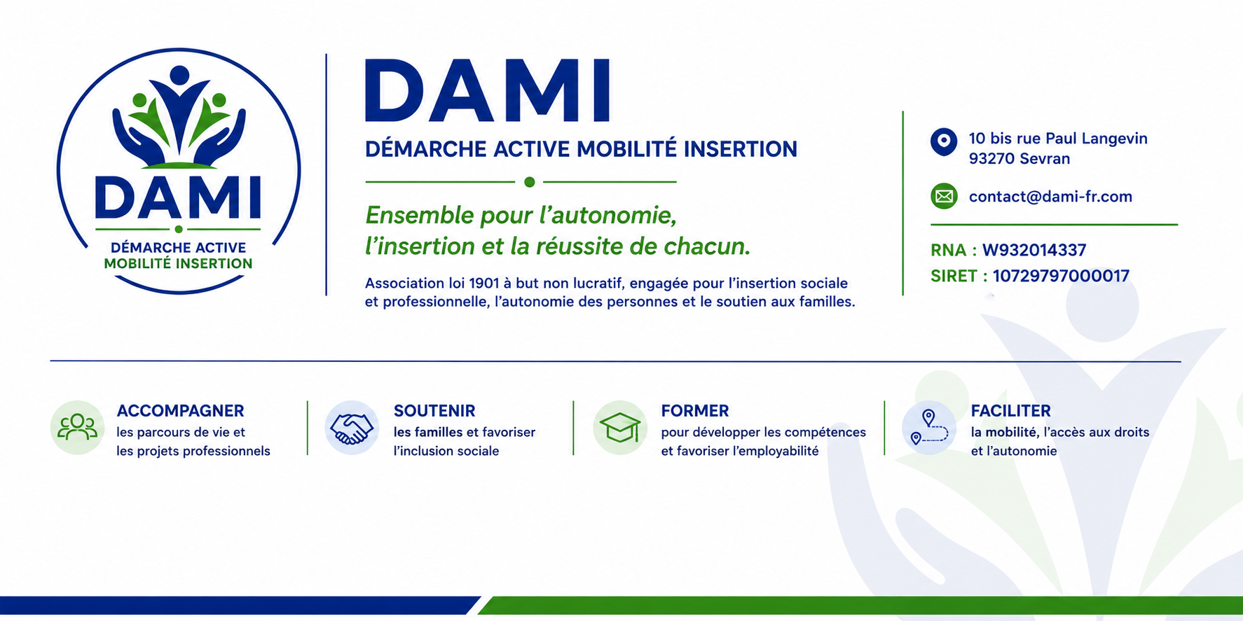 DAMI — Démarche Active Mobilité Insertion. Ensemble pour l'autonomie, l'insertion et la réussite de chacun. 10 bis rue Paul Langevin, 93270 Sevran — contact@dami-fr.com