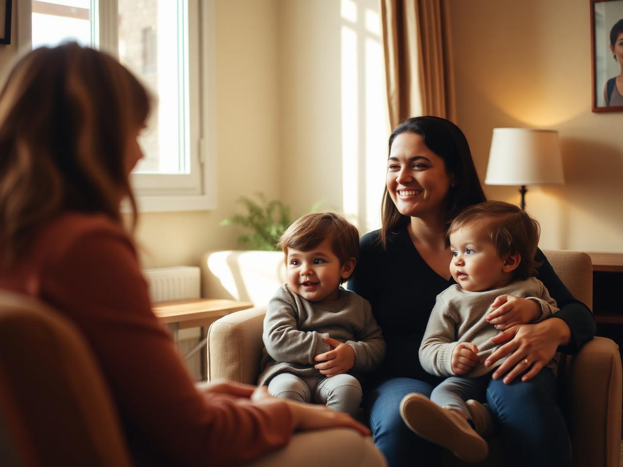 Mère avec ses deux enfants reçue par une assistante sociale