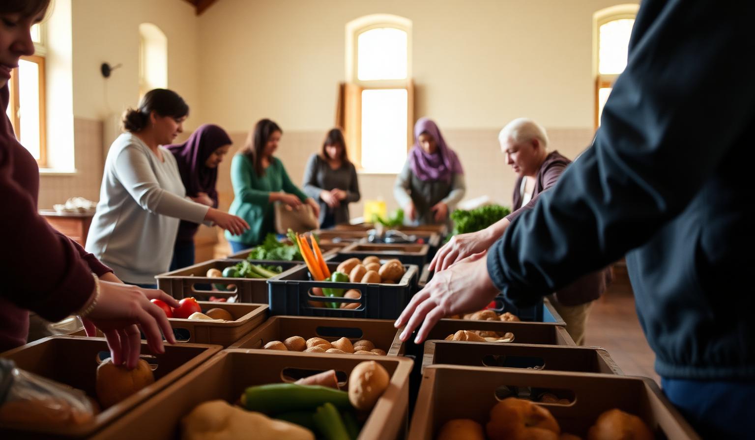 Volontaires préparant des paniers solidaires