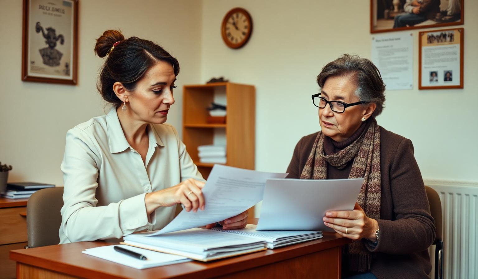 Travailleuse sociale accompagnant une bénéficiaire dans ses démarches administratives