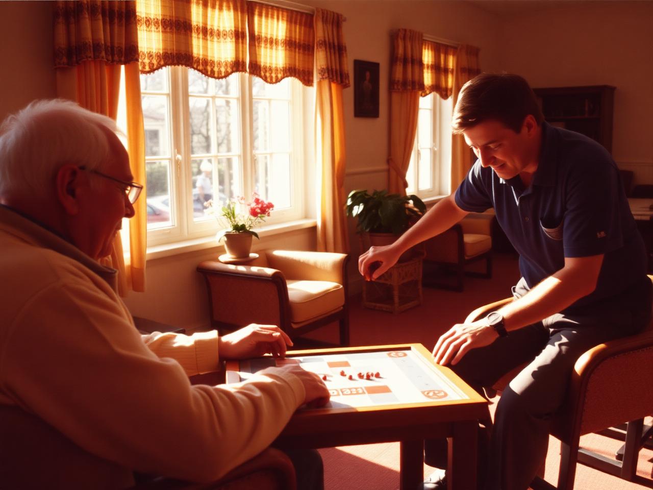 Personne âgée jouant à un jeu de société avec un bénévole